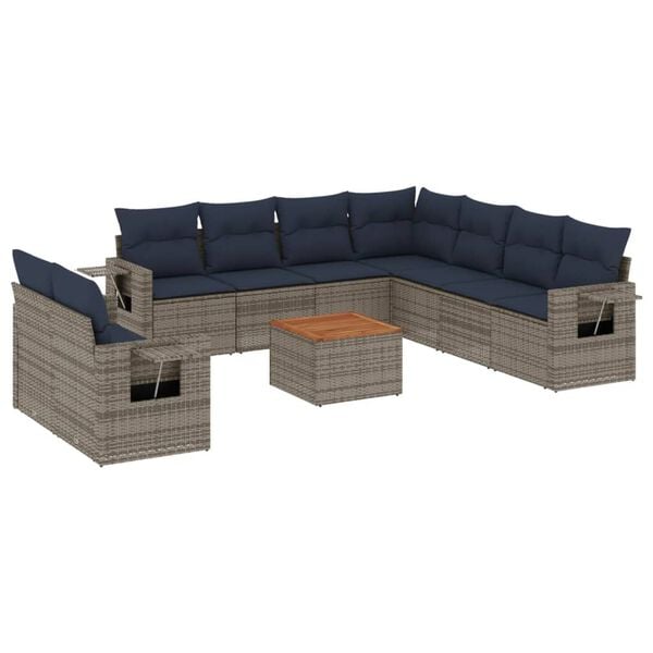 vidaXL 10 Piece Garden Sofa Set with Cushions Grey Poly Rattan