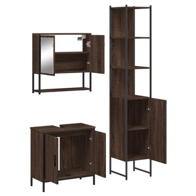 Wall-mounted cabinet with a mirror above a sink and a tall tall cabinet on right; dark wood finish with metal frame