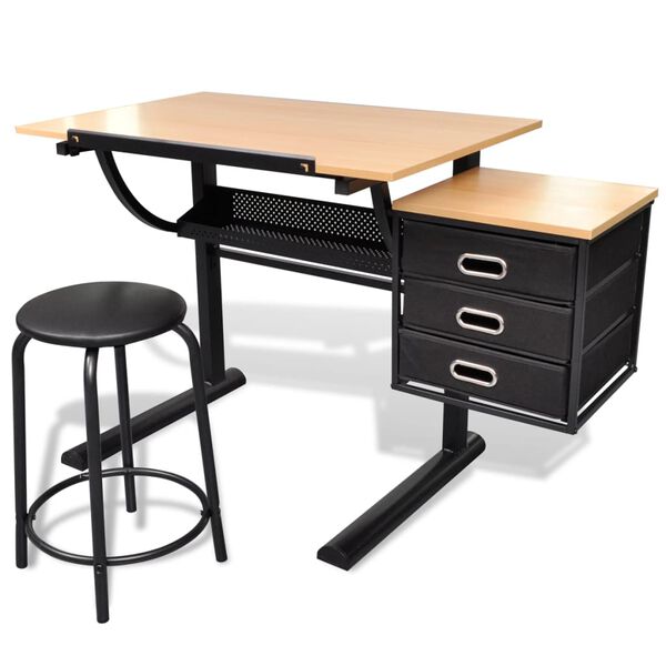 vidaXL Drawing Table Brown, Black MDF, Powder-Coated Iron Standard