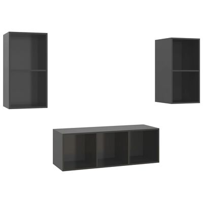 vidaXL 3 Piece TV Stand Set High Gloss Gray Engineered Wood