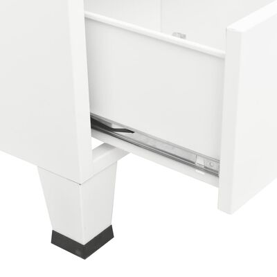 Open drawer on white cabinet with metal rail slide