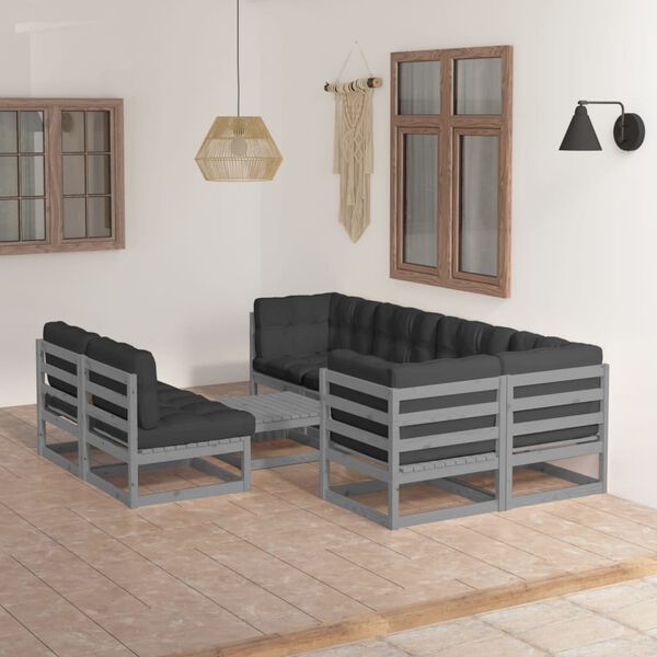 vidaXL Garden Lounge Set Grey Solid pine wood, 100% polyester fabric