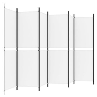 A folded or angled white room divider with multiple panels and black frames.