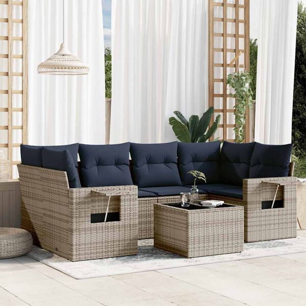 vidaXL 7 Piece Garden Sofa Set with Cushions Grey Poly Rattan