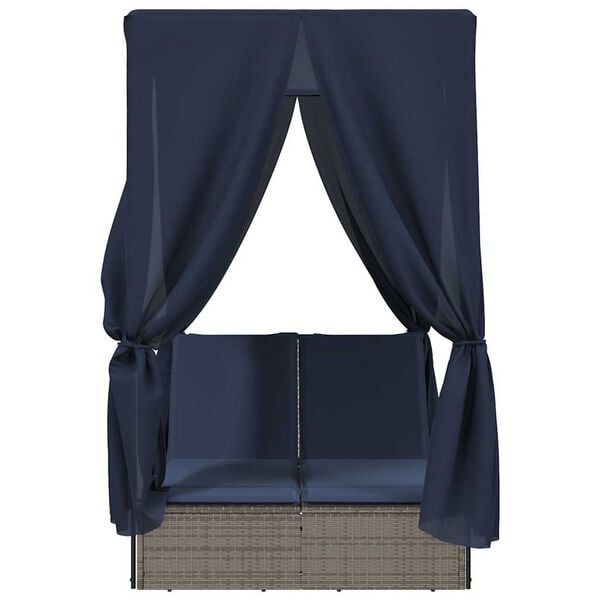 vidaXL Double Sun Lounger with Roof and Curtains Gray Poly Rattan