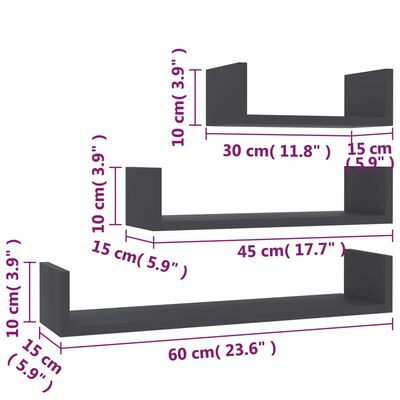 vidaXL Wall Display Shelf 3 pcs Gray Engineered Wood