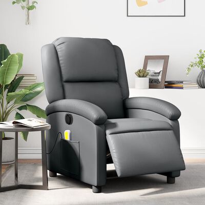 Grey reclining accent chair in living room with side pocket