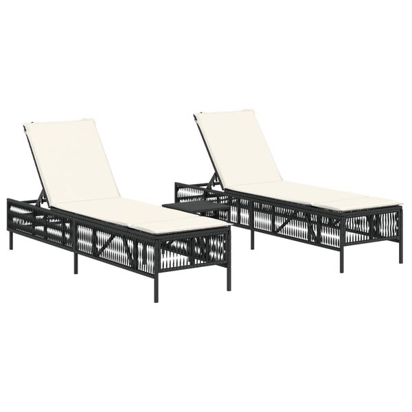 vidaXL Sun Lounger Set of 3 Black PE rattan Large Adjustable Armrests
