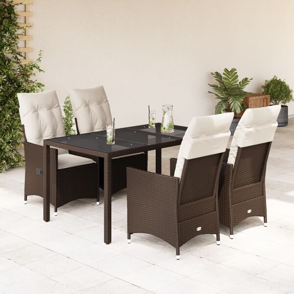 vidaXL 5 Piece Patio Dining Set with Cushions Brown Poly Rattan