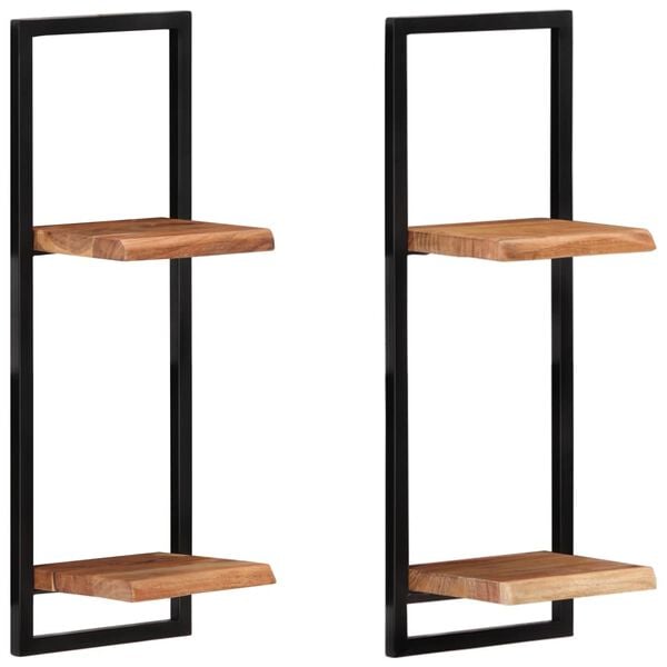 vidaXL Wall Shelf Set of 2 Natural wood and black Solid Acacia wood, Steel