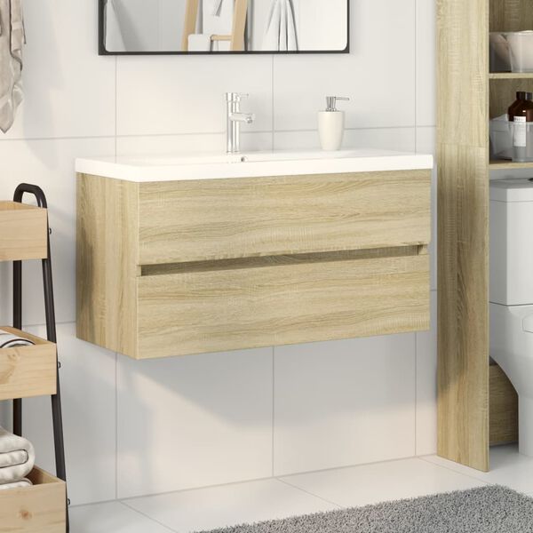 vidaXL Bathroom Furniture Set Sonoma oak, White Engineered wood, Ceramic