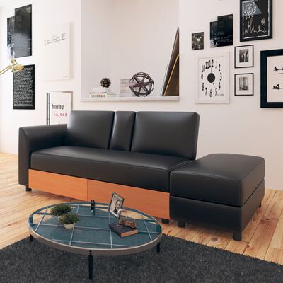 vidaXL Sofa Bed with Drawers and Ottoman Black Artificial Leather