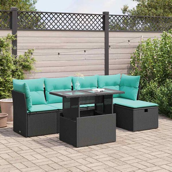 vidaXL 6 Piece Patio Sofa Set with Cushions Black Poly Rattan Acacia