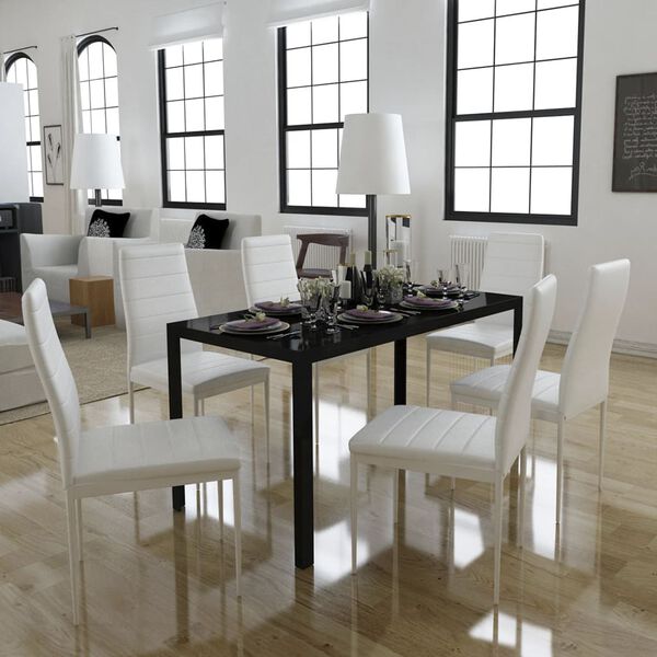 vidaXL Table Black and White Tempered Glass, Iron, Artificial Leather
