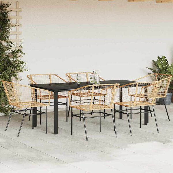 vidaXL 7 Piece Patio Dining Set Brown Poly Rattan Glass