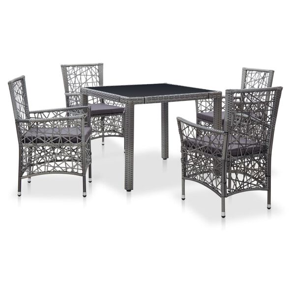 vidaXL Dining Set Grey PE rattan, Steel, Tempered glass 5 Piece Set