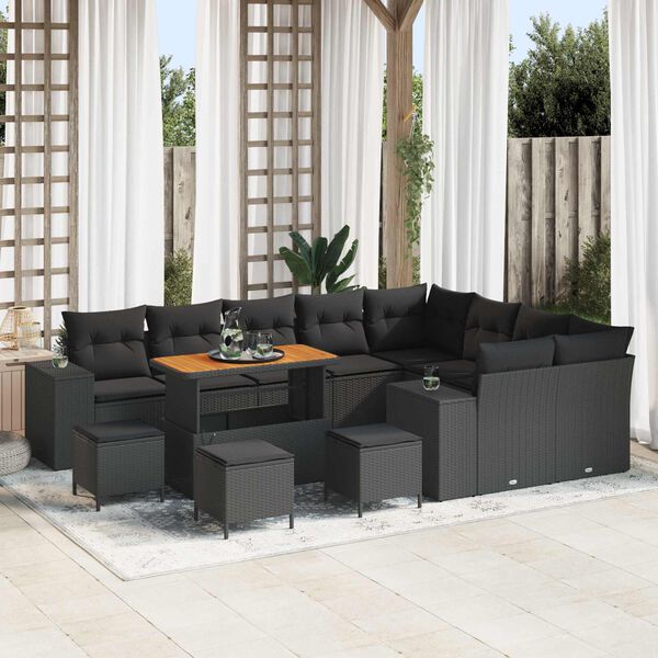 vidaXL Garden Sofa Set with Cushion 13 pcs Black Poly Rattan