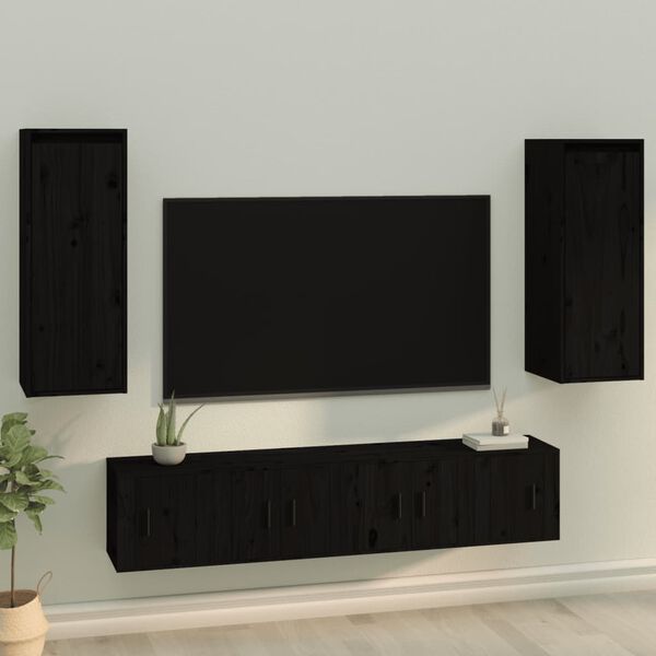 vidaXL Wall Cabinet Set of 2 Black Solid pine wood Medium Wall Cabinet