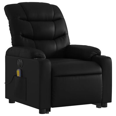 Back view of black recliner chair highlighting side pocket and fabric texture.