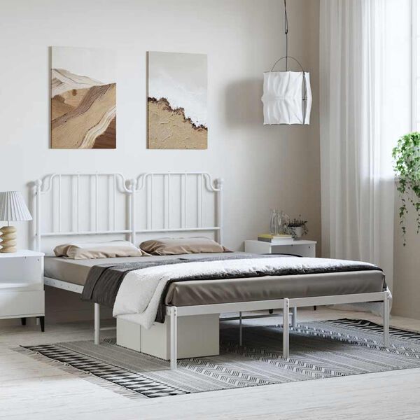 vidaXL Bed Frame White Powder-Coated Steel Double Bed Frame