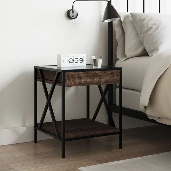 vidaXL Bedside Table Brown Oak Engineered wood, glass, steel Standard