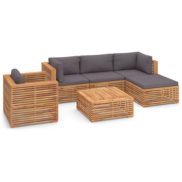 vidaXL 6 Piece Patio Lounge Set with Dark Gray Cushion Solid Teak Wood