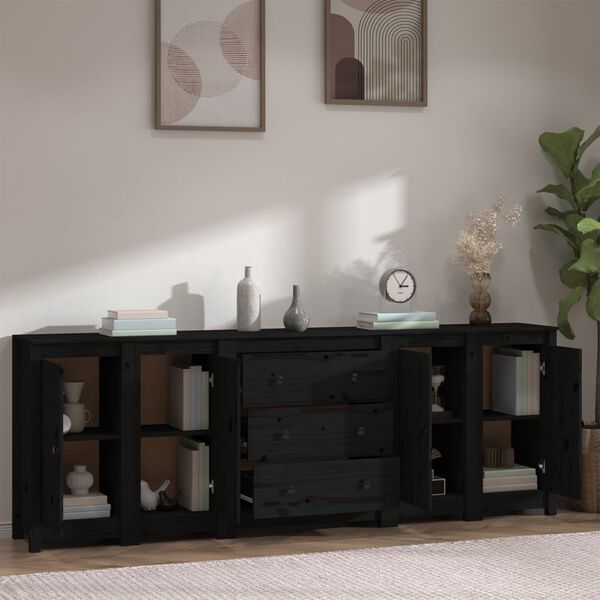 vidaXL Sideboard Black Solid pine wood Large Sideboard Rectangular