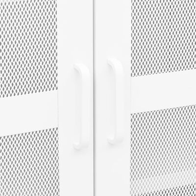 Close-up of white cabinet door handles with perforated mesh detail