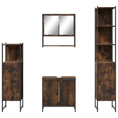 Collection of rustic brown bathroom furniture including wall cabinet with mirror, cabinet, tall cabinet, and tall open shelving.