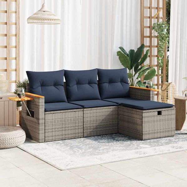 vidaXL 4 Piece Patio Sofa Set with Cushions Gray Poly Rattan