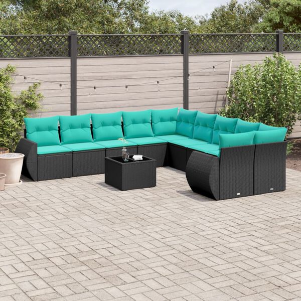 vidaXL 11 Piece Garden Sofa Set with Cushions Black Poly Rattan