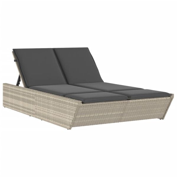vidaXL Double Sun Lounger with Cushions Light Grey Poly Rattan