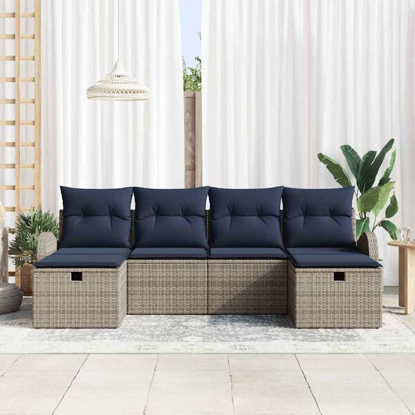 vidaXL Sofa Set with Cushion Manual 6 pcs Grey and Navy Poly Rattan