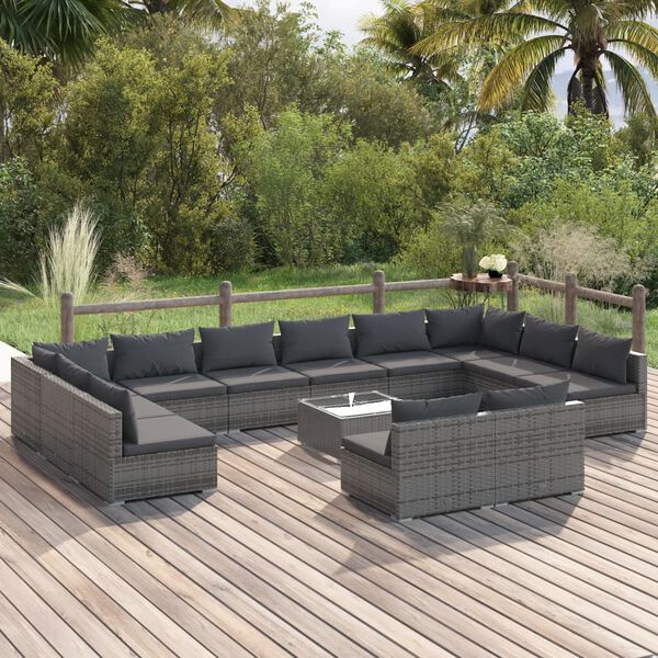 vidaXL Garden Lounge Set Grey PE rattan, powder-coated steel, plastic, glass