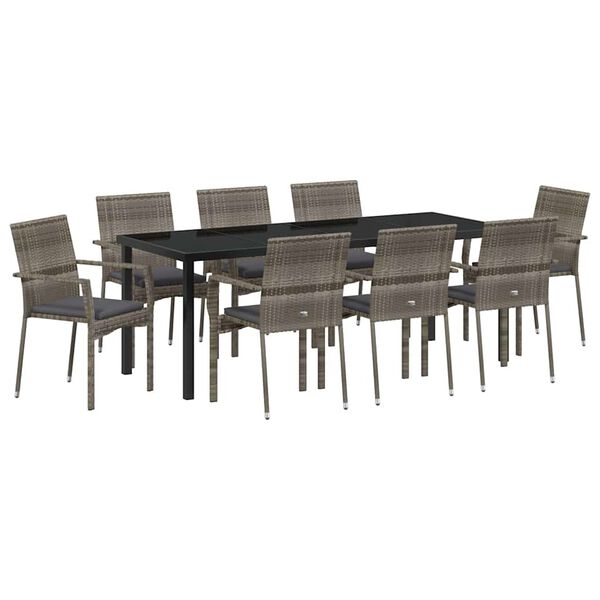 vidaXL Garden Dining Set with Cushion 9 pcs Grey Poly Rattan