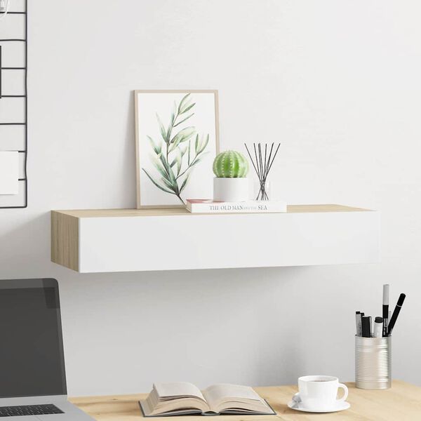 vidaXL Wall-mounted Drawer Shelf Oak and White 60x23,5x3.9 " MDF