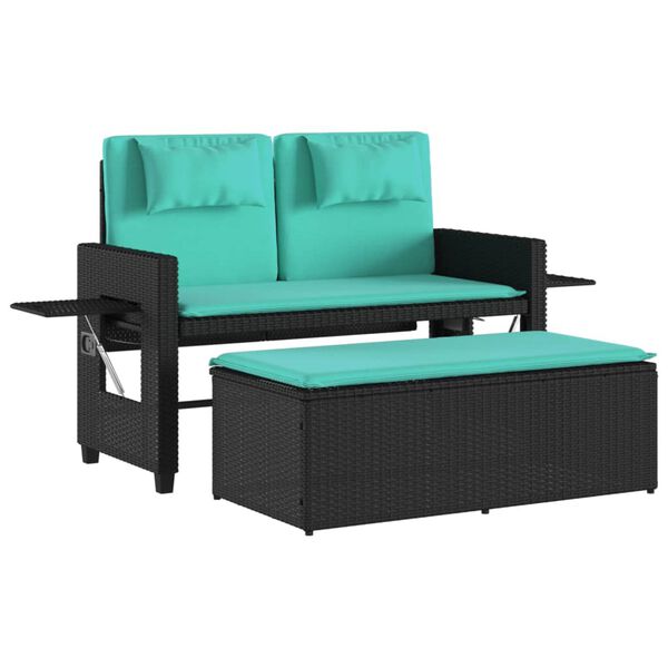vidaXL Garden Bench Black and Blue PE rattan, powder-coated steel, polyester