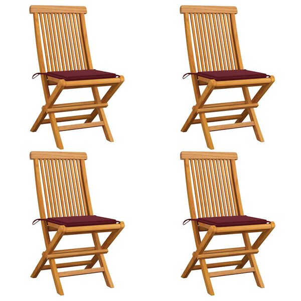 vidaXL Patio Chairs with Wine Red Cushions 4 pcs Solid Teak Wood