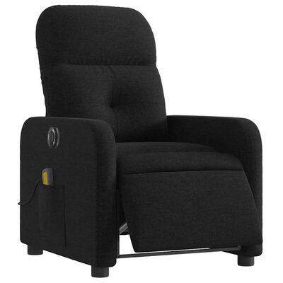 Black recliner chair with side pocket and yellow control panel visible