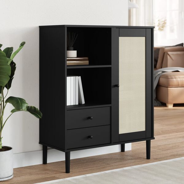 vidaXL Highboard Black Solid pine wood, engineered wood, poly rattan