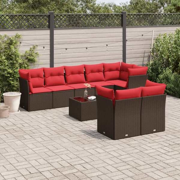 vidaXL 9 Piece Patio Sofa Set with Cushions Brown Poly Rattan