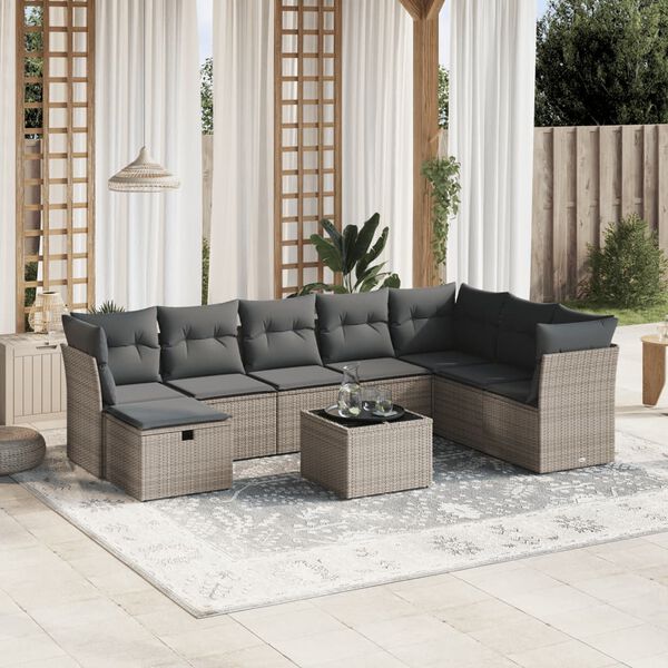 vidaXL Garden Sofa Set Gray Poly Rattan, Tempered Glass 9 Piece Modular