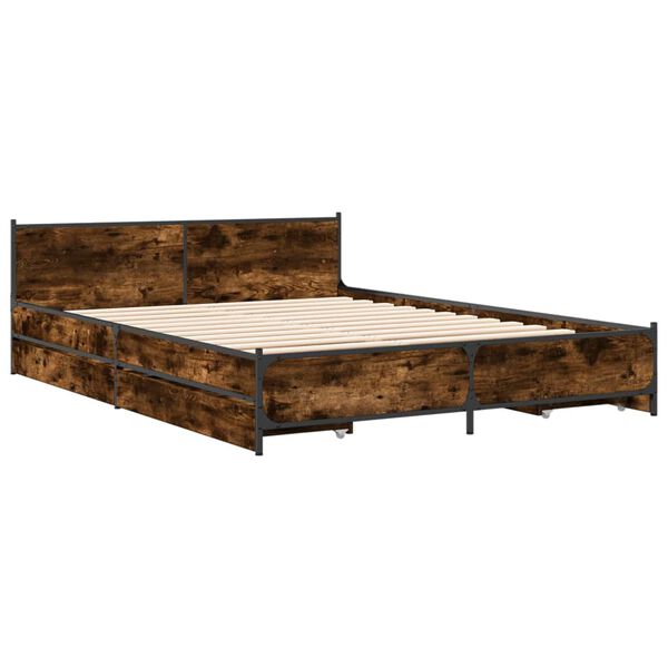 vidaXL Bed Frame Smoked Oak Engineered Wood, Steel Double Bed Frame