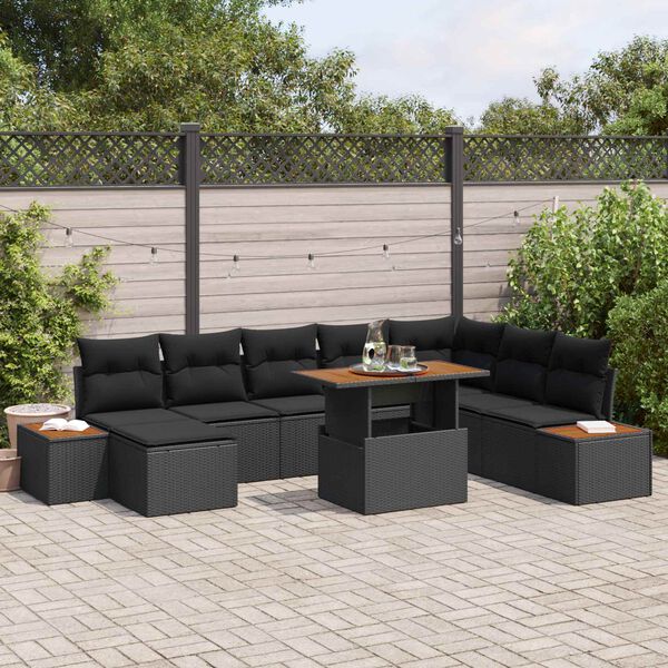 vidaXL Garden Sofa Set with Storage 9 pcs Black Poly rattan