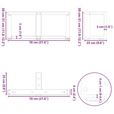 Technical diagram with dimensions of table frame in purple markings.
