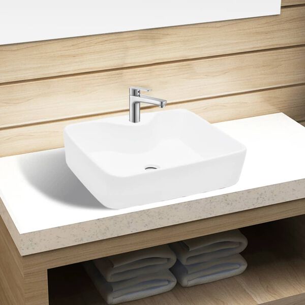 vidaXL Ceramic Bathroom Sink Basin with Faucet Hole White Square