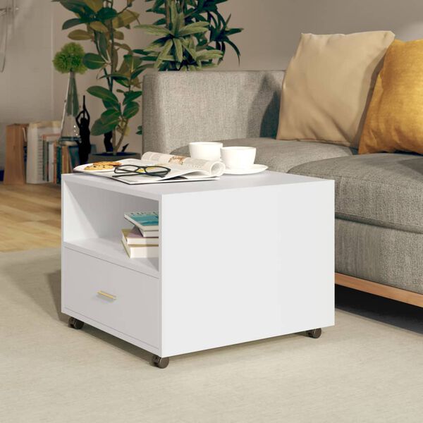 vidaXL Coffee Table White Engineered Wood Lockable Wheels Coffee Table