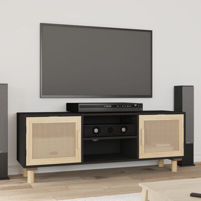 vidaXL TV Stand Black 41.3"x11.8"x15.7" Solid Wood Pine&Natural Rattan
