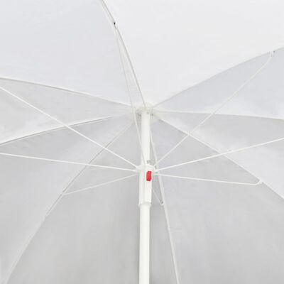 Close-up underside of white patio umbrella showing frame and fabric panels.