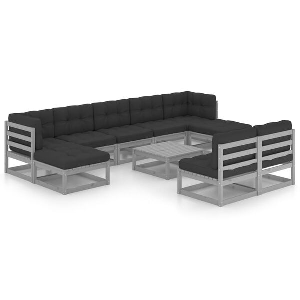 vidaXL Garden Lounge Set Grey Solid Pine Wood, Fabric (100% Polyester)